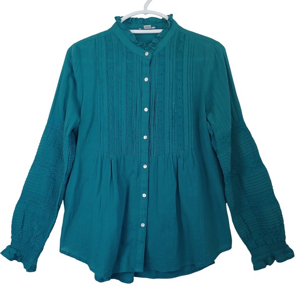 Sundance Tops - Sundance Teal Blue Cotton Pintuck Lace Ruffle Neck Blouse Small